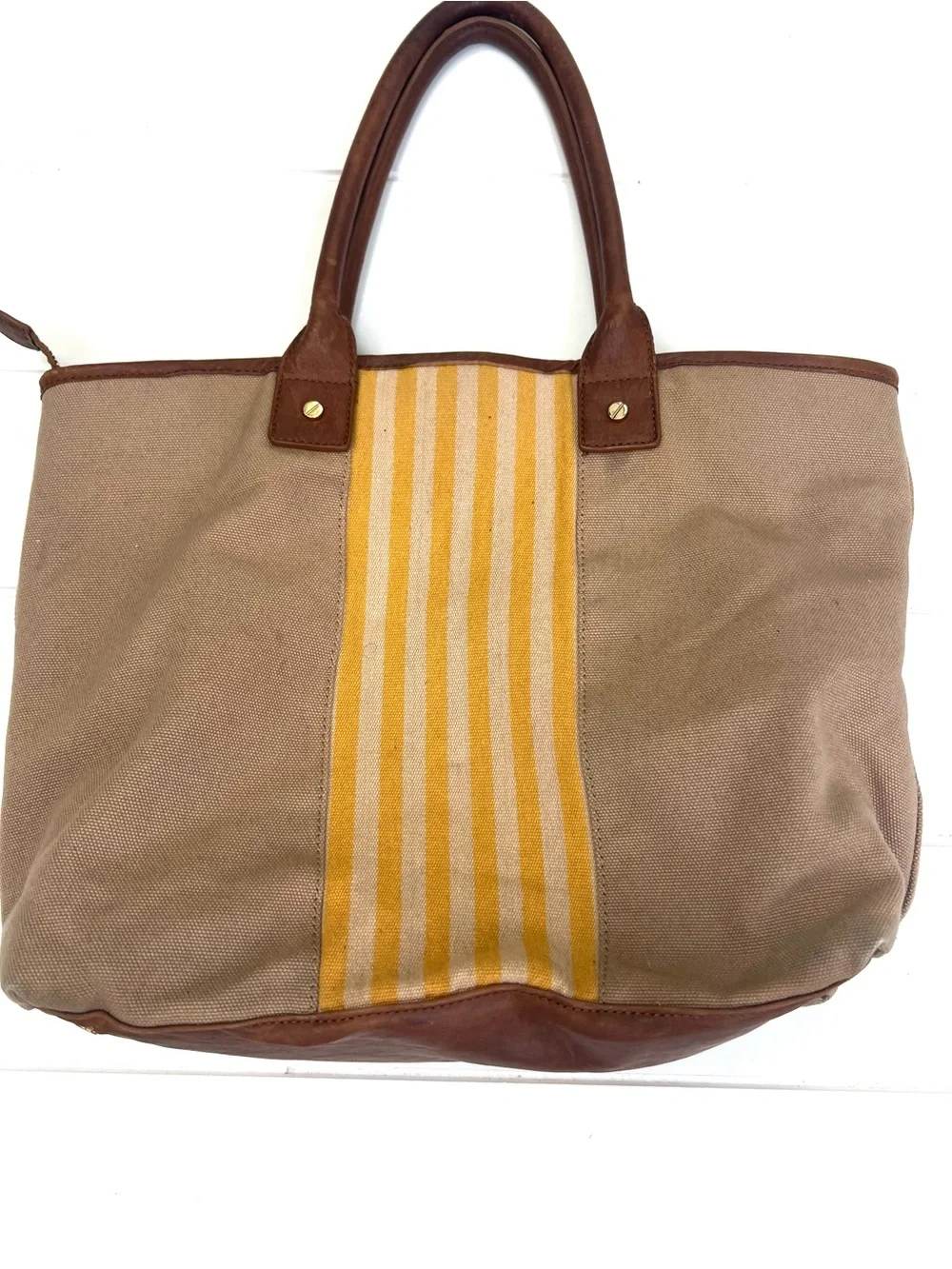 Tory Burch Ella Tote Canvas Bag Yellow Stripe and Brown Leather Trim Logo